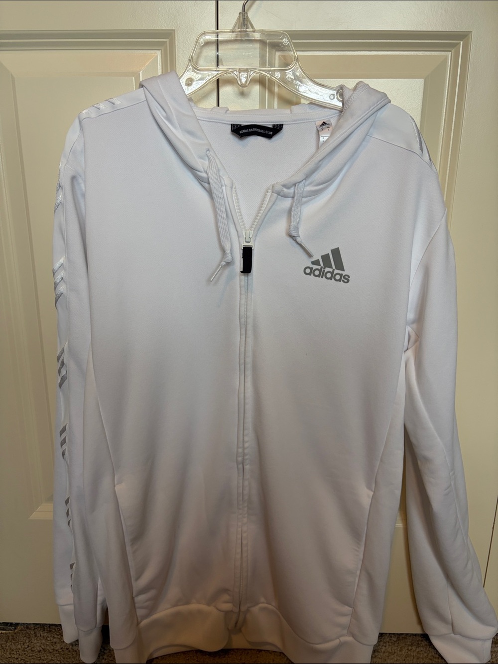 adidas White Hoodie with Gray Logo and Stripe Accents